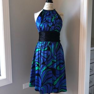 Maggy London Silk Black, Blue & Green Printed Halter Dress
